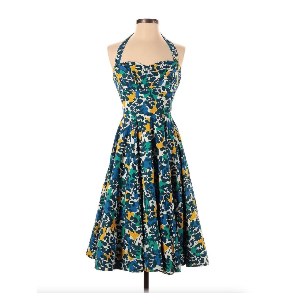 Anthropologie Teal Green Yellow Floral Halter Midi Dress